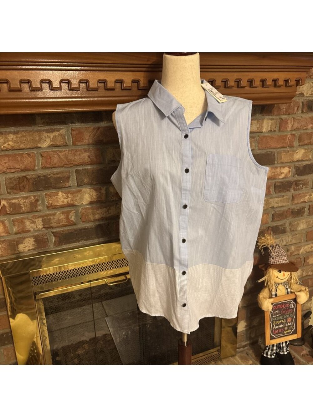 christopher and banks Blue Sleeveless Blouse Button Front Size Large NWT 100% Co